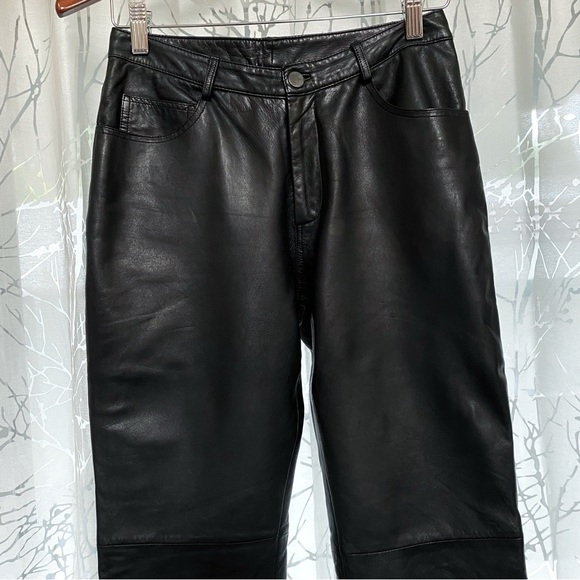 Real genuine leather black high waisted straight leg long pants with pockets - Picture 3 of 14